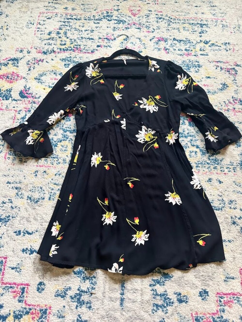 Free People Time On My Side Black floral Mini Wrap Dress - M